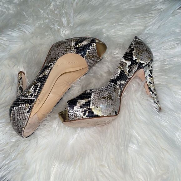 Kate Spade Leather Metallic Snakeskin Peep Toe Pumps - Picture 3 of 8